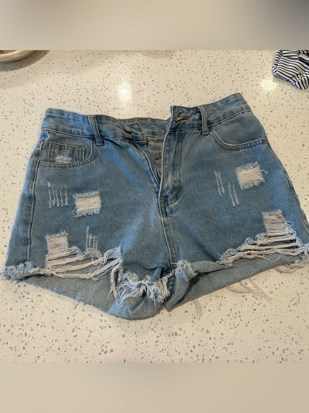 SHEIN Distressed High-Waist Denim Shorts - Light Blue
